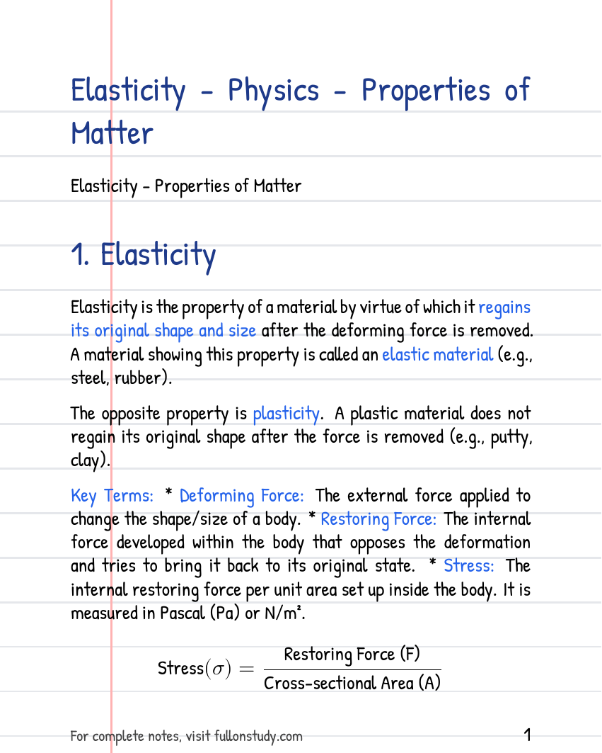 Elasticity - Physics - Properties of Matter Preview Page 1