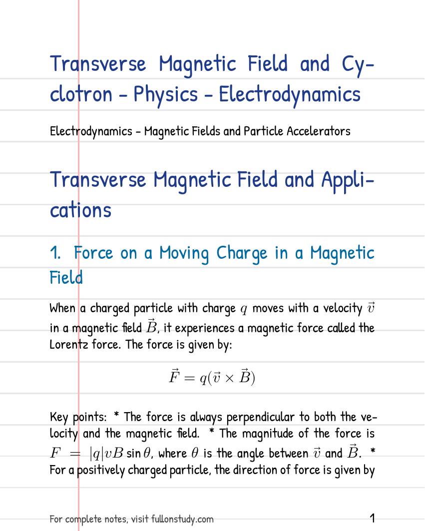 Transverse Magnetic Field and Cyclotron - Physics - Electrodynamics Preview Page 1